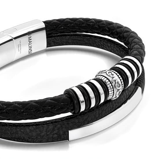 Malinsi læderarmbånd til mænd, sort flettet læder med rustfri stål accenter, 20cm + 2cm forlænger, gave til ham