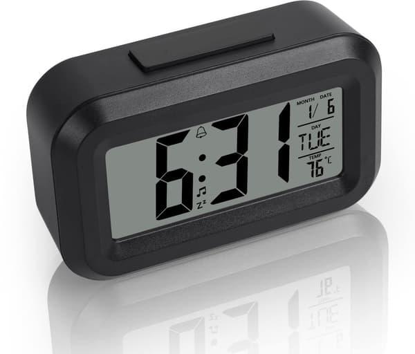 Sort digitalt vækkeur til børn – 12/24t, snooze, temperatur, dato, bærbart med LED-display