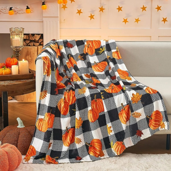 IC Efterårsplaid, Græskarblade Efterårsplaid til Sofa, Rutet Plaid til Efteråret, Nyd Efteråret (50”x60”)