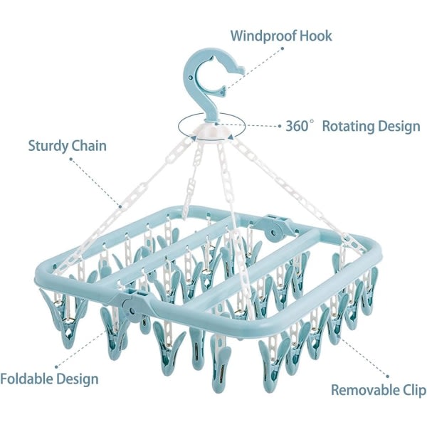 IC Undertøy Kleshengere med 32 Klemmer Foldbar Klesklype Kleshest Vindtett Henger - Blå