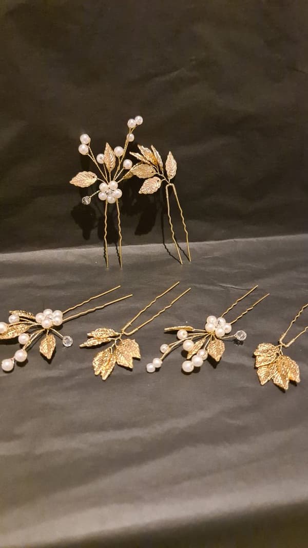 Hårnålar med guldfärgade blad och pärlor, set om 6, bröllopsaccessoarer för bröllop, nattvard, cosplay, fest och uppsättningar, elfenbensvit/guld