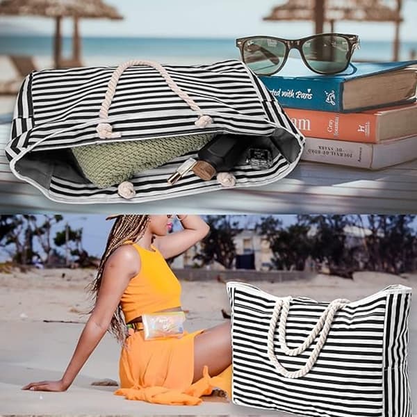 Water-resistant beach bag with large capacity - black and white stripes 55*38*15cm - with two side pockets - beach bag
