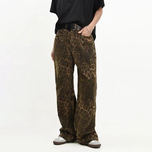 Brown Leopard Jeans - Women's Wide Leg Denim Pants - Leopard Pattern Leopard Print Leopard Print M leopard print M