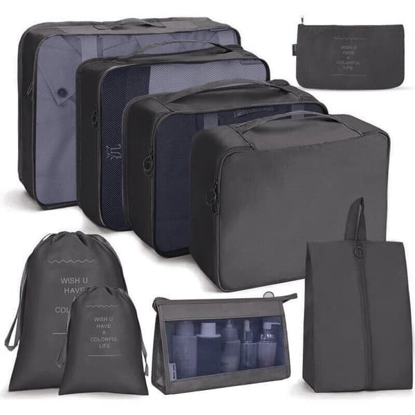 8-delars Resväska Organizer Set för Resor, Packningskuber, Väskor för Kläder, Kosmetika, Svart