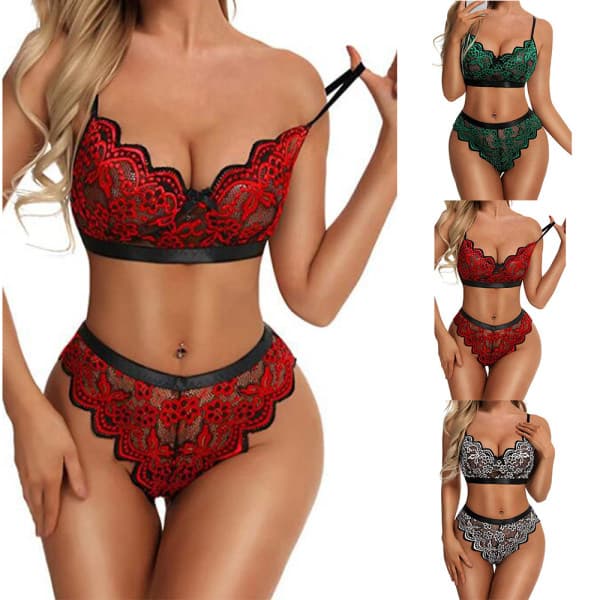Dameundertøy 2 stk Sexy Blomstret Spetsbikini & Truser Vinrød M