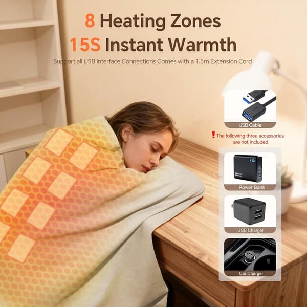 Damuppvärmd halsduk, USB-driven, 8 värmezoner, 3 värmeinställningar, vattentät, vikbar, för vinterbruk utomhus, 135 x 80 cm