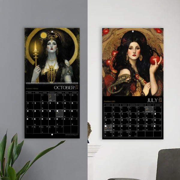 Dark Goddess 2024 Kalender - Månkalender med gudinnans månfaser, flot väggkonst for månatlig familieplanering A