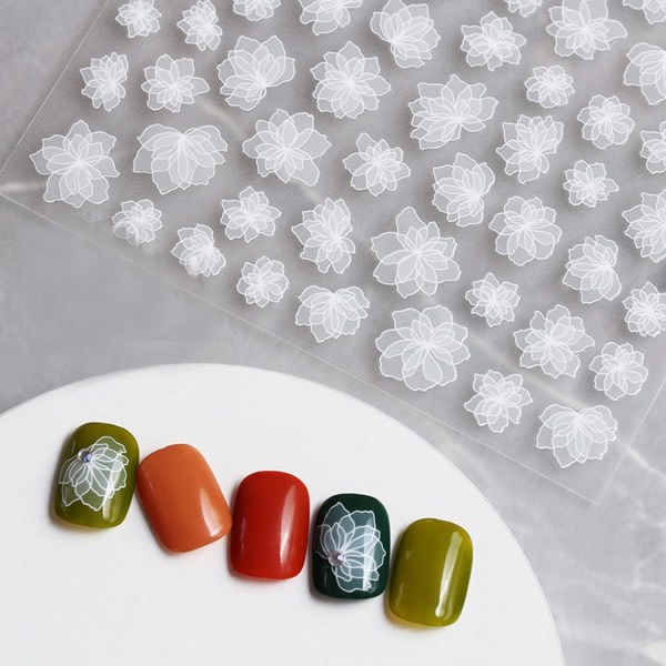 IC Nagelklistermärken för Nail Art Dekaler 3D vita blommor Måne Stjärna Moln Mönster Nageltips Semitransparent design Mode Charm DIY Tånaglar (3 ark)
