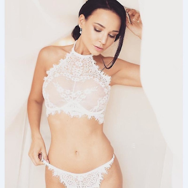 Spets Transparent Halterneck BH Topp G-String Underklädesset Dam Vit white l