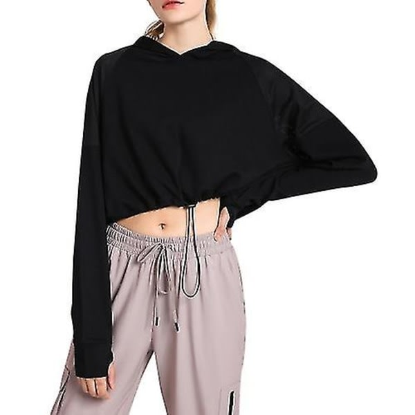 Luvtröja dam Crop Tops med tumhål Dragsko Långärmad sweatshirt tröja svart XL