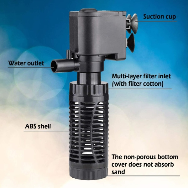 Nedsenkbar akvariepumpe med filter 2W 200L/H Filter Vattenpump Hydroponisk dammtank 15 x 7,5 cm BPS-6078