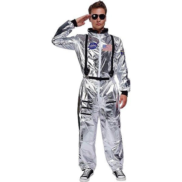Jumpsuit for voksne astronautkostym Sølv rymdrakt for män med broderte lappar og fikor menn XL