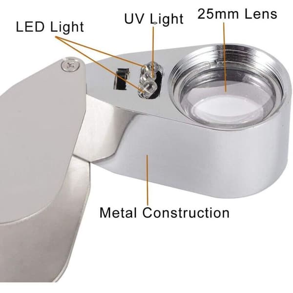Juvelerarlopp 40x Vikbar Smyckeslupp med LED-belysning (LED Valutadetektering / Juveleraridentifieringslupp)..DEBUNS