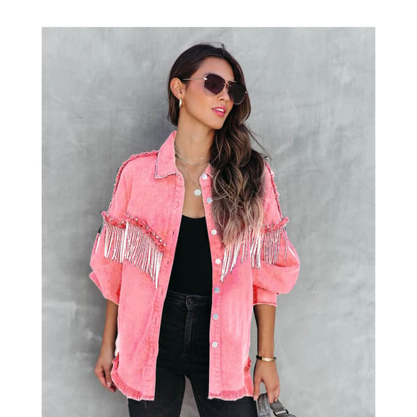 Ledig jeansjacka med fransar för kvinnor Rosa Rosa Pink L