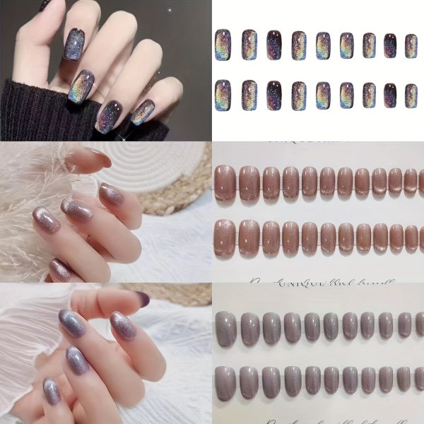 3 pakker (72 stk) Reflekterende Glitter Cat Eye Press On Nails, Broken Diamond Gel Nails Kit, Blandet Rosa Brun Svart Gradient Fake 3 Bokser 01
