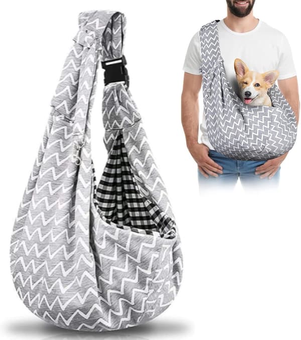 Hundebæresele, vendbar polyester, justerbar rem og frontlomme, til små hunde og katte op til 7,5 kg, grå zigzag