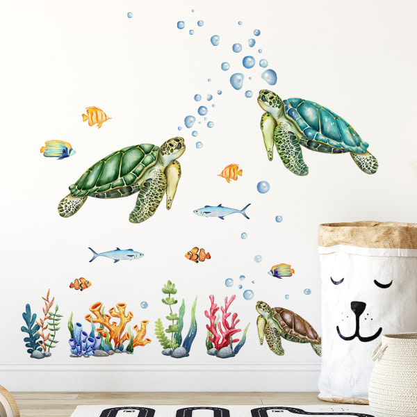 Havssköldpadda, vattenväxter, bubblor och fiskar, sovrumsbakgrund IC