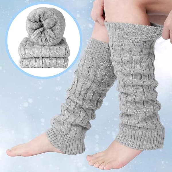 2-pack, Varma vinterleggings för kvinnor, fleecefoder, långa stickade leggings, varma stövelstrumpor, för skridskor, grå