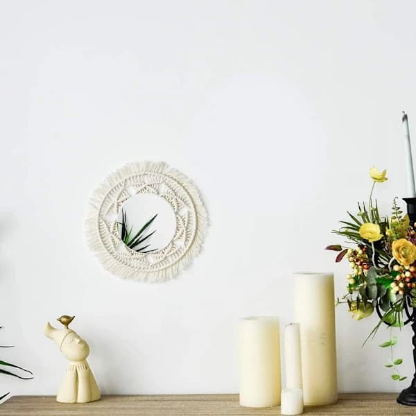 Boho-seinäkoriste, pyöreä makramee-seinäkoriste, boheemi seinävaate olohuoneeseen (beige)
