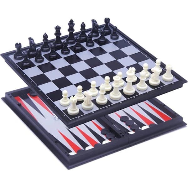 Rejsespil - Engelhart - Backgammon/Skak - 24 cm - Sort/Hvid - Magnetisk