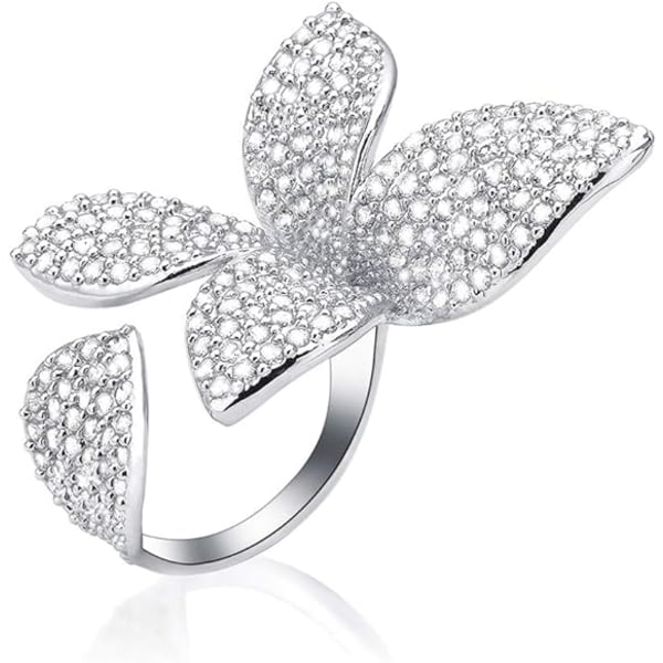 IC Flower Two Finger Ring for Women Girl,Silver Full CZ Statement Ring Cubic Zirconia Open Butterfly Cocktail Rings Smycken Present