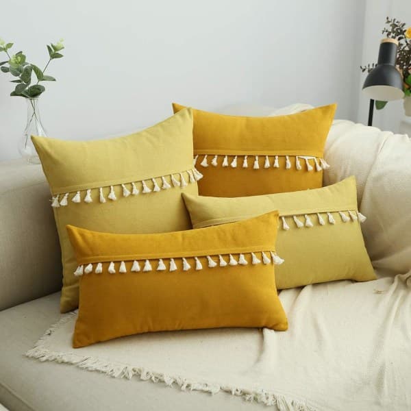 IC Boho Dekorativt Ryggstöd med Tofsar för Soffan Supermjukt Överdrag med Solid Accent (Gul Kamel, 12\"x20\")