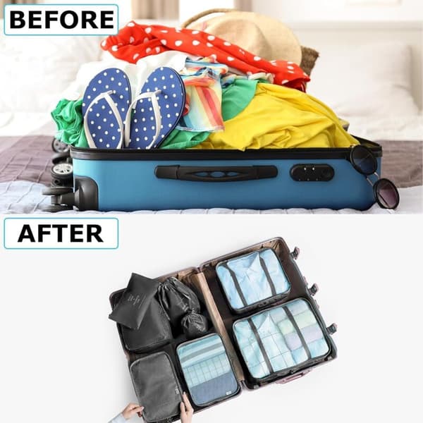 8-delars Resväska Organizer Set för Resor, Packningskuber, Väskor för Kläder, Kosmetika, Svart