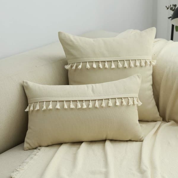 IC Boho Dekorativt Ryglæn Cover med Kvaster til Sofa Superblød Case med Solid Accent (Champagne, 12\"x20\")