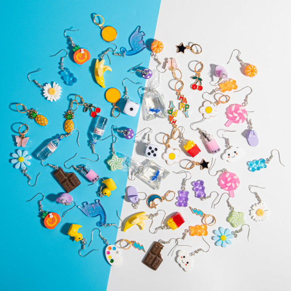 Merkelige Søte Øredobber Morsomme Kawaii Indie Funky Øredobber Inkludert Gummibjørn Vannflaske Mat Sopp Boba Te Øredobber Gullfisk Blomster Dang 28 Par