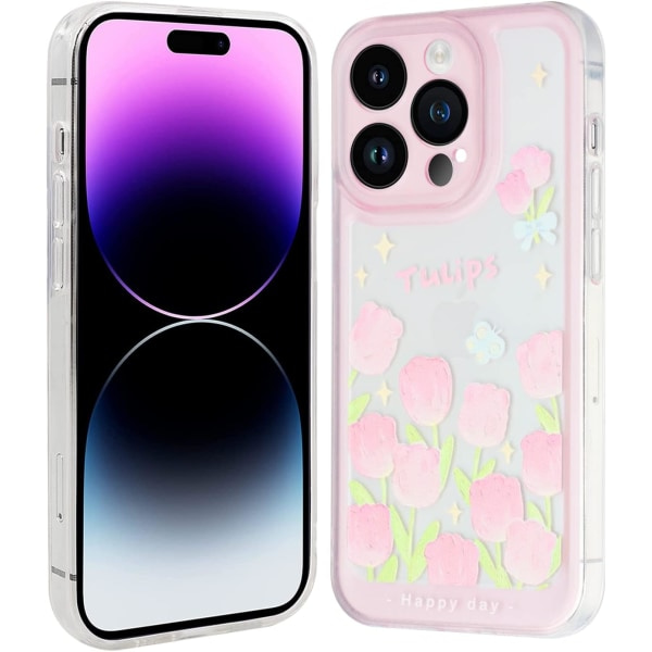 Mobiltelefonskal för iPhone 14 Pro, Stötsäkert mjukt TPU-skal Dropproof Skydd iPhone 14 Pro 2022 (6,1 tum), blå fjärilar & rosa blommor
