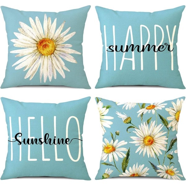 IC Sommarkuddfodral 18x18 Set med 4 Farmhouse-kuddfodral Linne Blommigt Dekorativt Case för Bäddsoffa Utomhus (18\" x 18\", Blå)