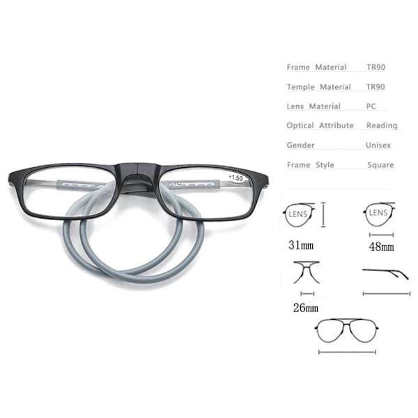 Magneettiset lukulasit narulla UNISEX Musta / Harmaa +2.75 Svart / Grå +2.75