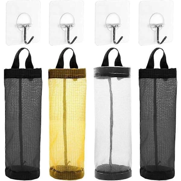 Plastic Bag Holder, 4 Pcs Foldable Household Breathable Hanging Mesh Bag Organizer with 4 Pcs Hooks for Home and Kitchen