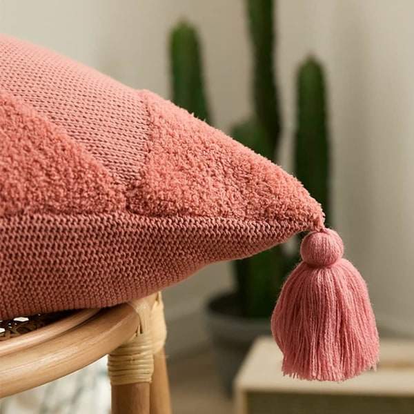 IC Blødt Tuftet Strikket Pudebetræk med Kvaster Firkantede Pudebetræk Pudebetræk til Stue Sofa Sofa Soveværelsesindretning (Rosa, 18\"x18\")