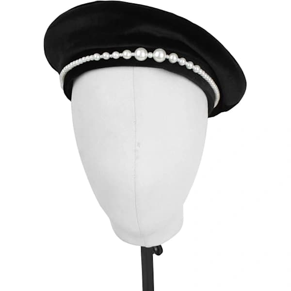 Dam Flickor Svart Sammet Basker Hatt Pärlor Fransk Basker Hatt Enfärgad Konstnärshatt