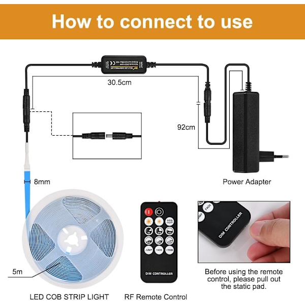 5m COB LED-nauha 3000K 24V COB LED-nauha Lämmin Valkoinen Kaukosäätimellä/IP30 Vedenkestävä/1600 LEDiä/8mm Leveys Himmennettävä LED-nauha Makuuhuoneen Koti Sisustukseen 3000 k
