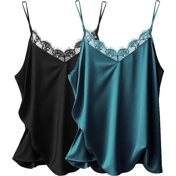 IC Ekouaer Dam 2-pakks Satin Silke Camisole Spets Topp Spaghetti Stropp Linne Basic Cami Topp XL