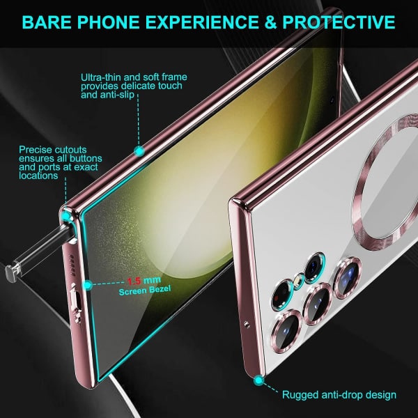 IC til Samsung Galaxy S23 Ultra MagSafe cover med kameralinsskydd, magnetisk gennemsigtigt cover til S23 Ultra, fuld beskyttende belægning