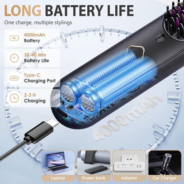 Ledningsfri glattebørste, turmalin-keramik, negative ioner, 4 varmeindstillinger, USB-C, 4000mAh, til rejser og hjemmebrug, sort