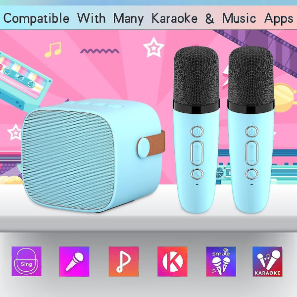 Karaokemaskine til barn med 2 trådløse mikrofoner, bærebar karaokemaskine med Bluetooth til barn, voksne, röstforandrande effekter og led-lys