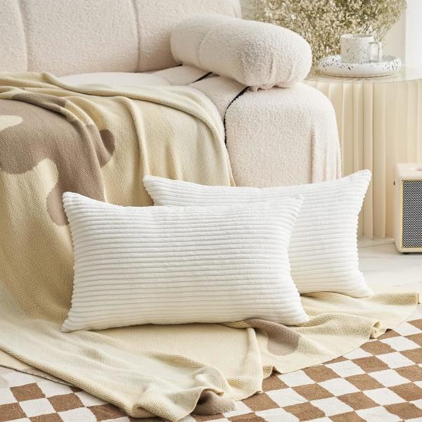 IC Ryggkuddar för soffa Sovrum Set med 2 mjuka randiga sammet avlånga dekorativa vita kuddar, 12x20 tum, vit