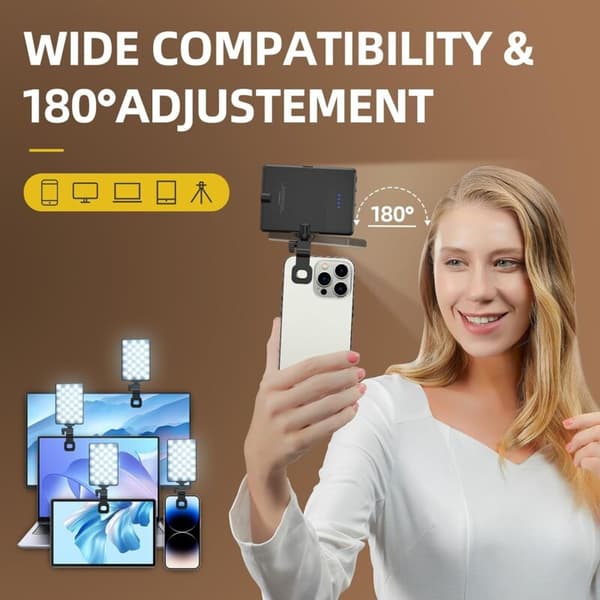 LED Selfie-lys med klips 120 LED Oppladbart bærbart videolys 3 moduser 2000mAh Kompatibel med iPhone iPad Laptop