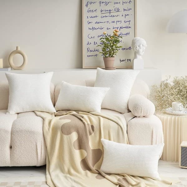 IC Ryg- og Sofa Puder Sæt med 2 Bløde Stribede Sammet Lange Dekorative Hvide Puder, 12x20 tommer, Hvid