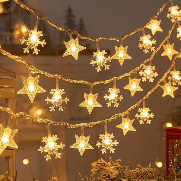Kuglelysstreng til rummet, atmosfærisk boblelysstreng til udendørs brug, batterikasse, dekoration, stjernelys Snowflakes and stars warm white 6m 40 lights battery model