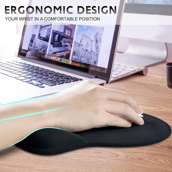 Ergonomisk gelmusematte med håndleddsstøtte, glatt Lycra-overflate og sklisikker PU-base for hjemmekontor og spilling, svart
