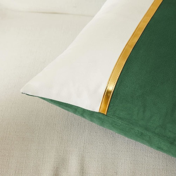 2-pak Olivgrønne Dekorative Pudebetræk 18x18 tommer til Stue Sofa, Grøn og Hvid Fløjlsplaster med Guld Læder 45x45 cm