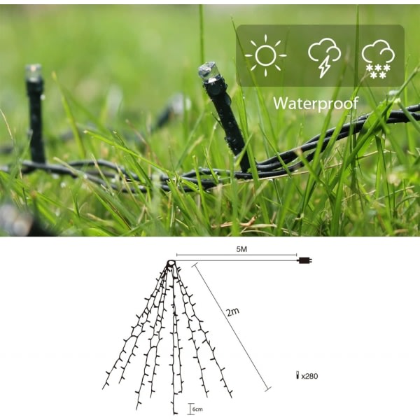 Juletrærlys 2m * 8 rader, 280 LED-lys Fairy Lights for 6-8ft trær 1 sett