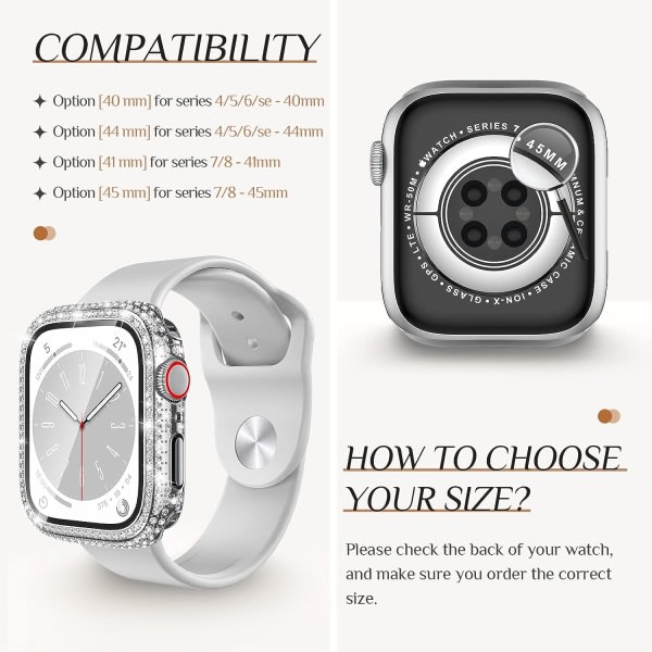 IC Goton 2 i 1 vanntätt Bling-deksel for Apple Watch 40 mm skjermbeskyttelse SE (2:a generasjoner) Series 6 5 4, Full Glitter Diamond Women 40 mm
