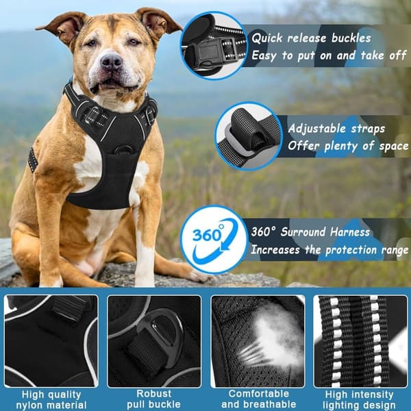 Mellem hundesele (S) - 2 snorclips, reflekterende striber - Hals 30-43cm, Bryst 35-53cm - Sort