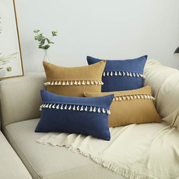 IC Boho Dekorativt Ryggstöd med Tofsar för Soffan Supermjukt Överdrag med Solid Accent (Ljusbrun, 12\"x20\")